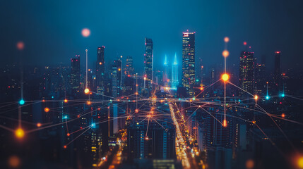 Smart digital city with connection cyber security network reciprocity over the cityscape . future smart wireless digital city and social media networking systems that connects people within the city