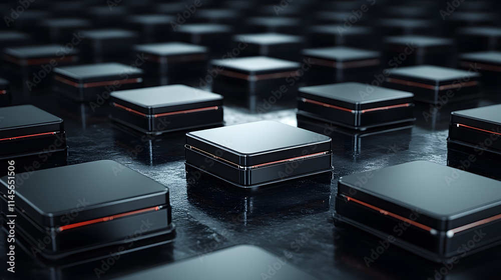Poster A close-up view of multiple black rectangular devices arranged in a grid pattern, featuring subtle red accents and a sleek, reflective surface