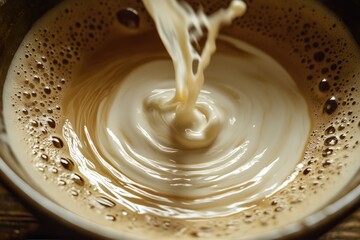 Creamy Milk Pouring Into Coffee Cup