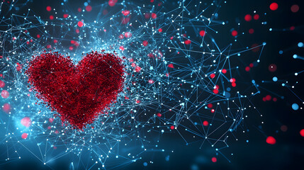 A vibrant digital heart surrounded by glowing particles, representing love, connection, and technology in a modern, abstract style