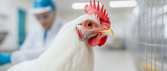 Close-up of a white chicken in a veterinary setting, showcasing the importance of animal care in farming and poultry health.