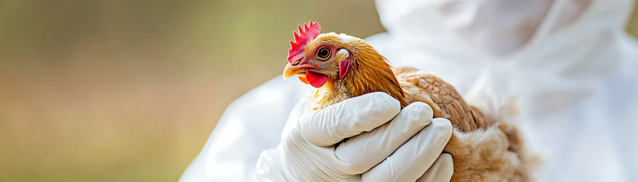 A person in protective gear gently holds a chicken, emphasizing care and safety in animal handling.