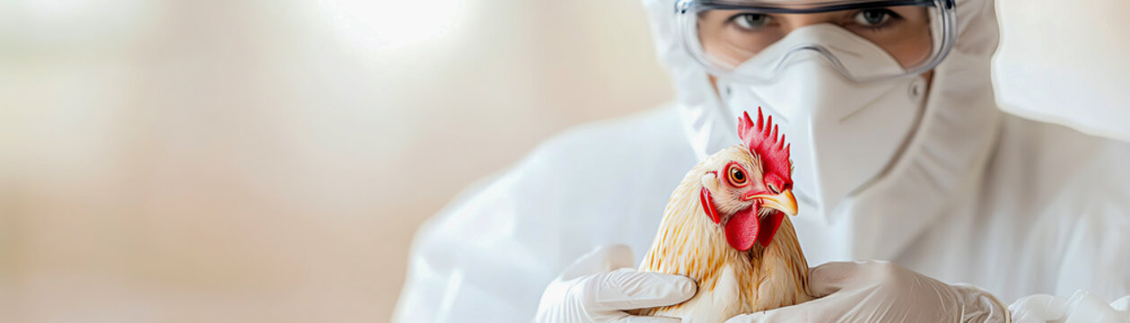 A poultry worker wears protective gear while handling a chicken, ensuring safety and hygiene in the farm environment.