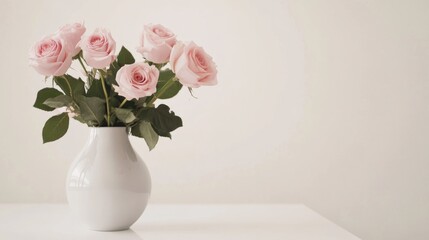 Fototapeta premium A cluster of pink roses in a modern ceramic vase on a minimalist white table, side view shot, Contemporary elegance style