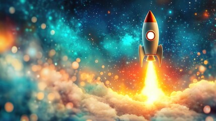 An enchanting cartoon-style rocket ship ascending, embodying goal achievement and aspirations