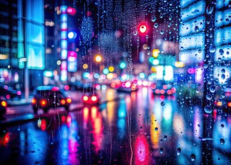 Obraz premium Blurred city lights, rain-washed streets, a dreamy double exposure capturing a rainy nightâ€™s abstract beauty.