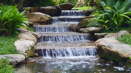 Gentle Stream Winding Through Lush Green Forest with Waterfalls