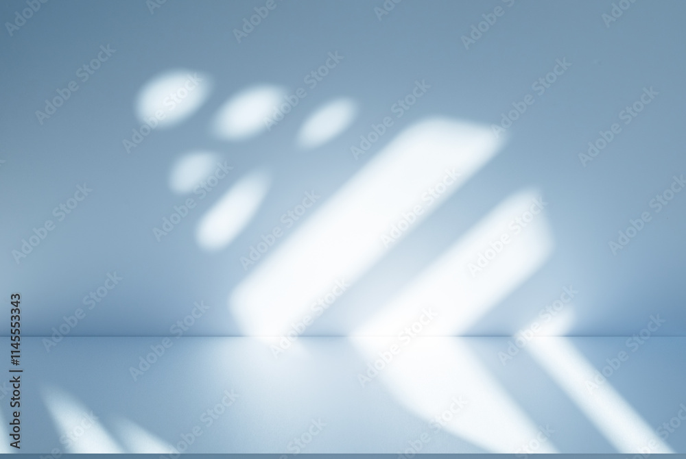 Poster Wall interior background, studio and backdrops show products. with soft light shadow from window color blue and white. background for text insertion and presentation of product	