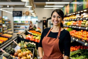 Obraz premium Smiling Shopkeeper in a Modern Grocery Store.generative AI 