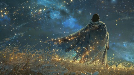 A lone figure stands in a field, cloaked in stardust, gazing at a night sky filled with shimmering stars.