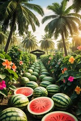 Fototapeta premium a_tropical_watermelon_farm_surrounded