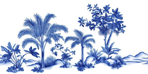 Obraz premium Blue Tropical Palm Trees & Flowers Border | Monochromatic color pal...