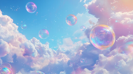Colorful iridescent soap bubbles floating in a dreamy sky with pastel clouds and sunlight