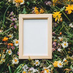 Blank white photo frame in flower field
