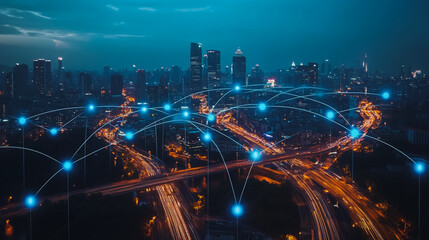Fototapeta premium Smart digital city with connection cyber security network reciprocity over the cityscape . future smart wireless digital city and social media networking systems that connects people within the city