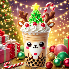 Holiday Themed Boba Drink with Reindeer and Christmas Tree.