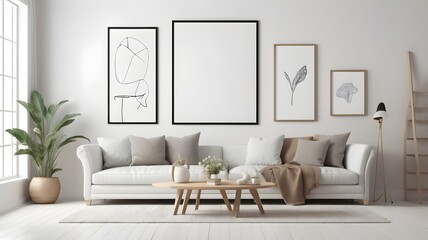 Fototapeta premium Modern Cozy Living Room Mockup with Stylish Furniture and Empty Canvas Frame on White Wall Texture, 3D Rendering