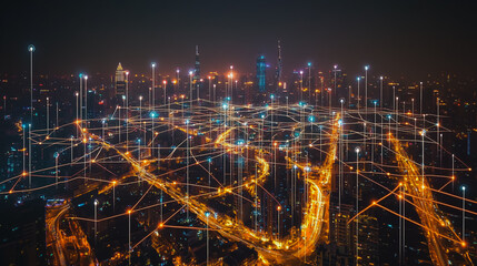 Naklejka premium Smart digital city with connection cyber security network reciprocity over the cityscape . future smart wireless digital city and social media networking systems that connects people within the city