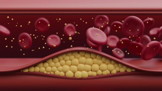 Cholesterol buildup in arteries, blocking blood flow, heart attack risk.
