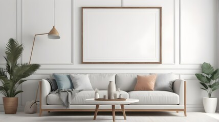Modern Cozy Living Room Mockup with Stylish Furniture and Empty Canvas Frame on White Wall Texture, 3D Rendering