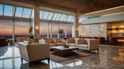 Fototapeta premium lounge airport, Plush armchairs, marble tables, and soft lighting in airport lounge