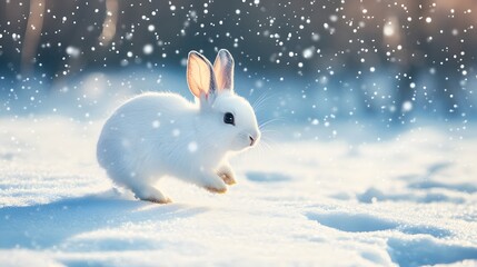White Rabbit Hopping in Winter Snow