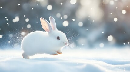 White Rabbit Hopping Through Winter Snow
