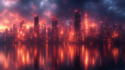 Fototapeta premium Fiery skyline reflecting on calm waters at dusk.