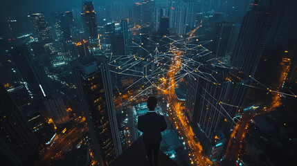 Smart digital city with connection cyber security network reciprocity over the cityscape . future smart wireless digital city and social media networking systems that connects people within the city