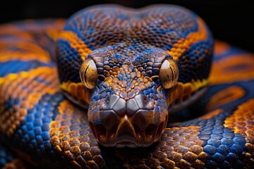 Fototapeta premium Close-up of a vibrant, colorful snake showcasing intricate patterns and captivating colors.