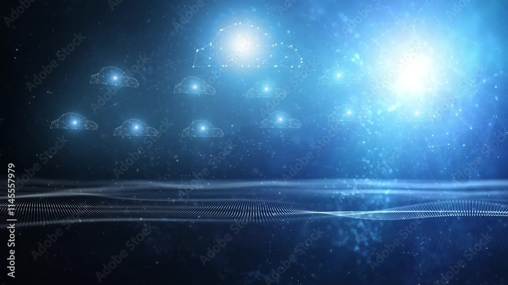 Poster digital cyber clouds loop motion on wavy glowing blue background.