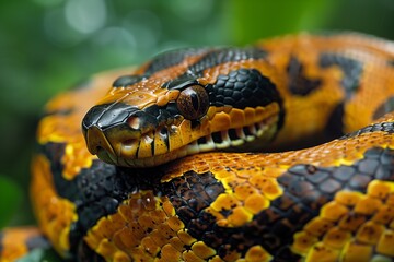 Close-up of a vibrant orange and black snake coiled on a green surface, showcasing its unique texture and patterns.