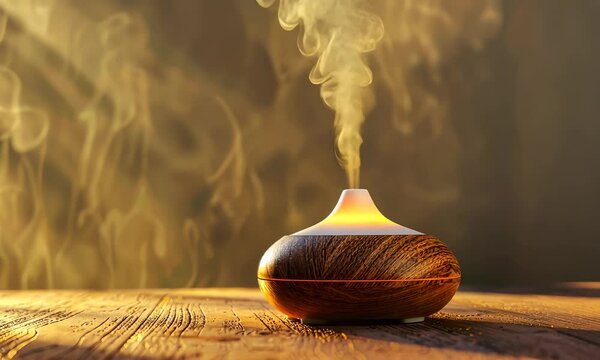 Wooden essential oil diffuser emitting fragrant steam on table with warm, calm ambiance