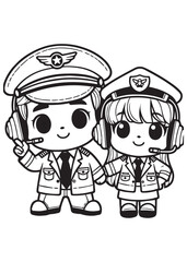 Coloring page design cute boy and girl pilot pose 