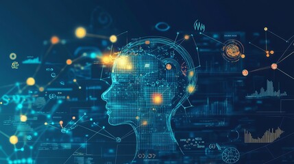 Obraz premium The integration of cutting-edge technology in the analysis of market trends, business data, and graphs is represented by the icons for artificial intelligence (AI), big data, and business analytics. T