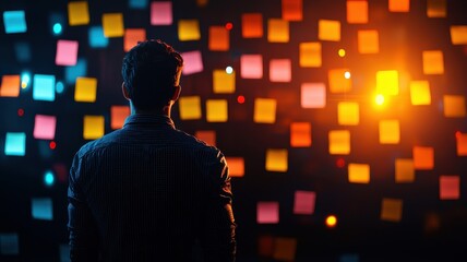 A person stands in front of a colorful wall of sticky notes, illuminated by vibrant lights, creating a creative and inspiring atmosphere.