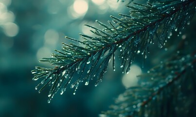 Fototapeta premium Dew-covered pine branch with bokeh background.
