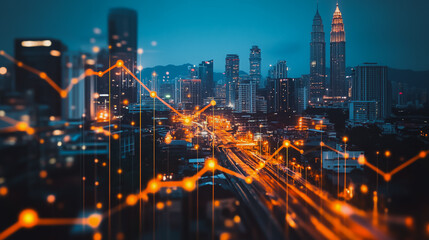 Fototapeta premium Smart digital city with connection cyber security network reciprocity over the cityscape . future smart wireless digital city and social media networking systems that connects people within the city
