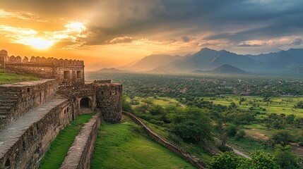 Naklejka premium Historic Fortress Overlooking Lush Green Valley at Sunset