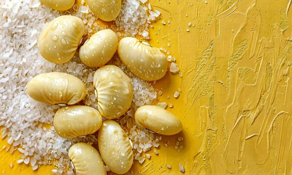 Close-up of yellow butter-like food on salt crystals and textured background