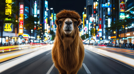 Portrait of a camel in the middle of the street at night in the city.