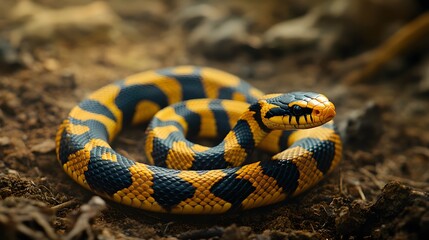 Fototapeta premium Yellow and Black Banded Snake Coiled on Ground
