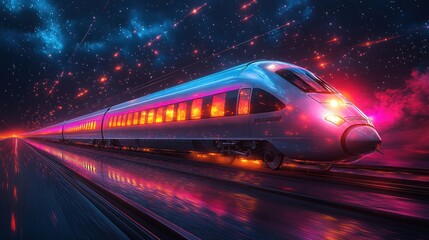 Futuristic train speeding through a vibrant landscape.