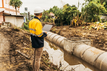 A male engineer inspects the installation of a large water pipe at a construction site, checking its quality to ensure proper functioning of the drainage system and adherence to standards