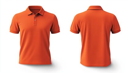 Clothing that is blank for design. Front and rear views of an isolated white, simple t-shirt with an orange polo shirt on a white background. mockup. Presentation of a printable polo shirt design.