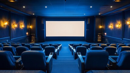 A blue movie theater with vacant chairs and a white blank screen. idea of pleasure, relaxation, and a movie theater. 