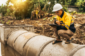 A male engineer inspects the installation of a large water pipe at a construction site, checking its quality to ensure proper functioning of the drainage system and adherence to standards