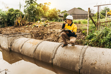 A male engineer inspects the installation of a large water pipe at a construction site, checking its quality to ensure proper functioning of the drainage system and adherence to standards