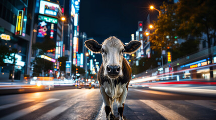 Portrait of a cow in the middle of the street at night in the city.