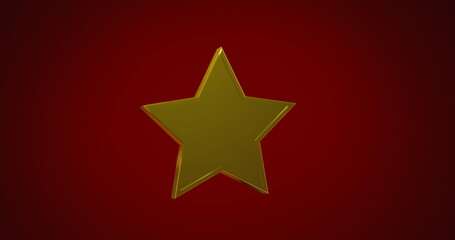 A golden star shines against a deep red background